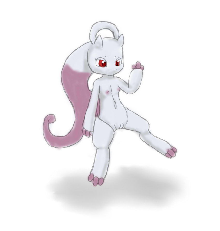 3_fingers 3_toes anthro digitigrade female flat_chested floating head_tail legendary_pok&#233;mon looking_at_viewer mega_evolution mega_mewtwo_y mewtwo nintendo nipples nude pink_skin plain_background pok&#233;mon pok&eacute;mon pussy red_eyes shadow sketch solo video_games waving white_background white_skin zekromlover