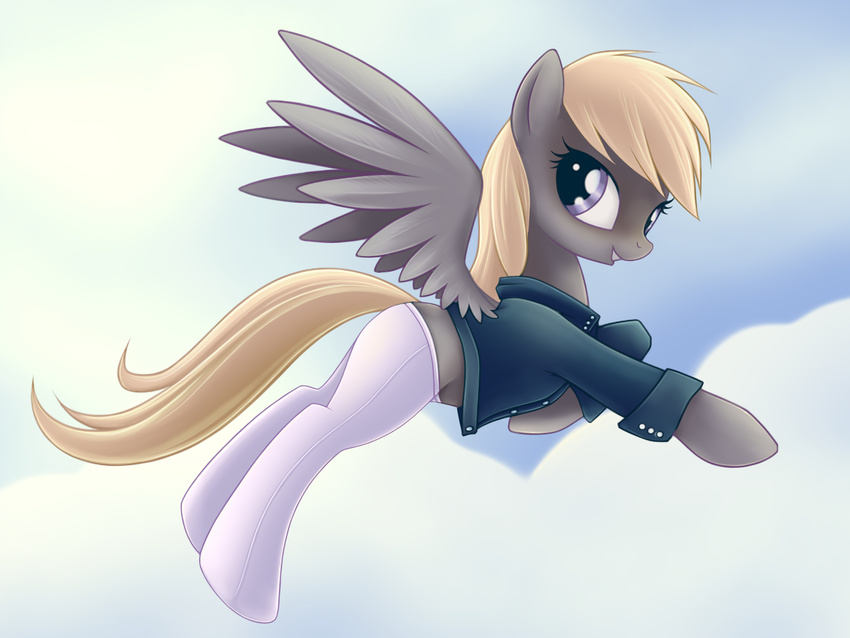 clothing cloud clouds eila_ilmatar_juutilainen equine female feral flying friendship_is_magic fur grey_fur hair horse legwear mammal my_little_pony pegasus ponification pony purple_eyes rainbow_(artist) shirt sky solo strike_witches thigh_highs wings