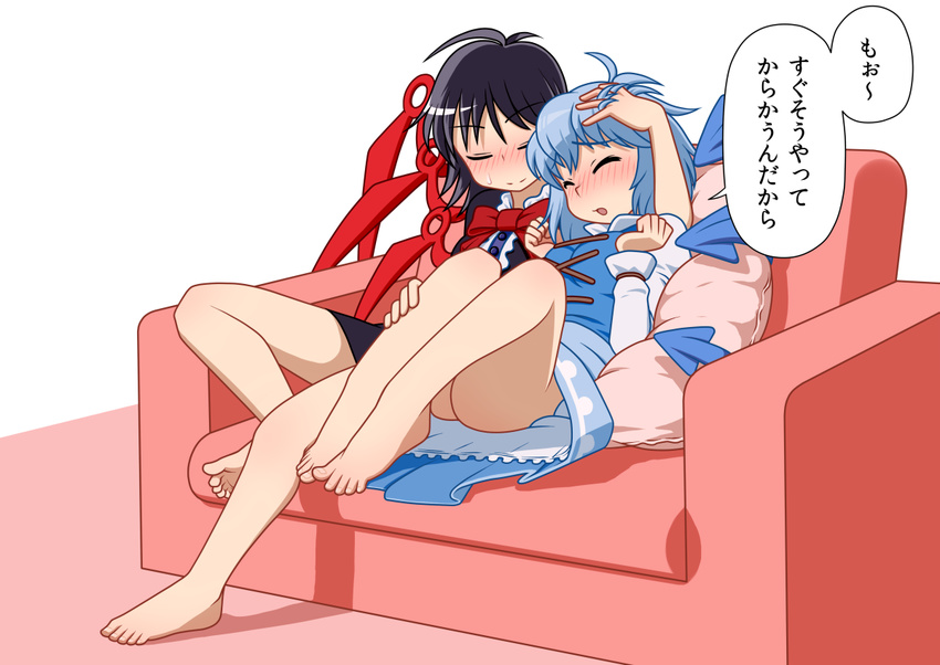 asymmetrical_wings bare_legs barefoot black_hair blue_hair blush bow closed_eyes couch dress feet hand_in_hair houjuu_nue hug iromeki_overdrive legs multiple_girls no_panties pillow short_hair sitting smile sweatdrop tatara_kogasa toenails toes touhou translated wings yuri