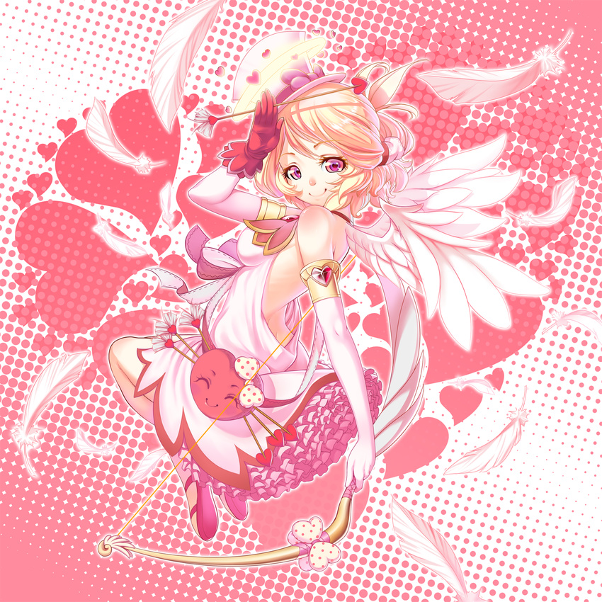 angel blonde_hair bow bow_(weapon) cupid dress elbow_gloves feathers gloves halo hat heart heart-shaped_pupils highres lucknight original pink pink_eyes short_hair solo symbol-shaped_pupils top_hat weapon wings