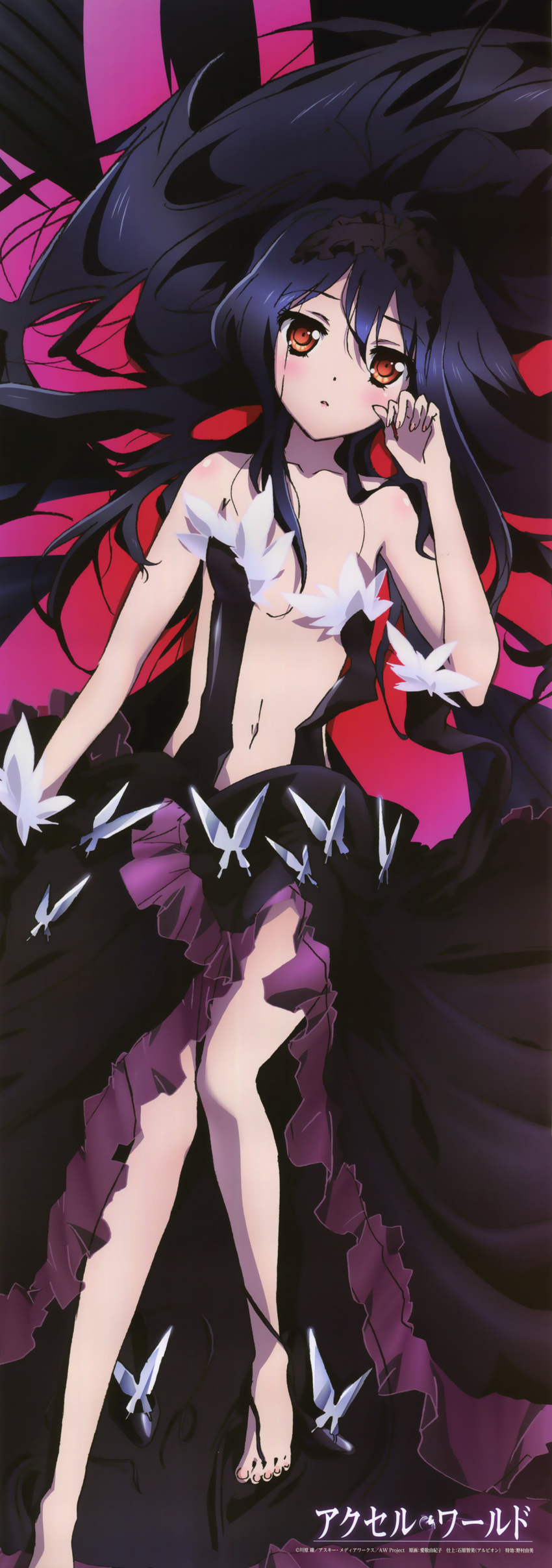 absurdres accel_world aikei_yukiko bare_shoulders barefoot bra collarbone full_body head_rest head_tilt high_heels highres kuroyukihime long_image long_legs looking_at_viewer navel official_art scan sitting stick_poster stomach tall_image underwear white_bra