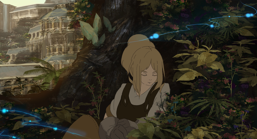 brown_hair bug city closed_eyes fantasy firefly gloves insect long_hair obaryo original sleeping sleeping_upright solo topknot tree under_tree