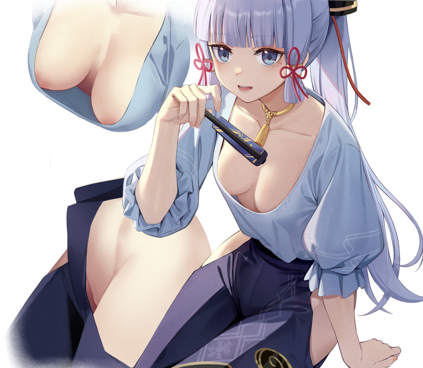 1girl :d absurdres areola_slip areolae arm_at_side arm_support bangs blue_eyes blue_hair blue_pants blunt_bangs blunt_ends blush breasts closed_fan collarbone commentary downblouse downpants fingernails folding_fan frilled_sleeves frills genshin_impact groin hair_ornament hair_ribbon hair_tubes hand_fan hand_up highres hip_vent holding holding_fan jewelry kamisato_ayaka large_breasts long_hair looking_at_viewer looking_up mole mole_under_eye multiple_views necklace no_panties pants ponytail puffy_sleeves ribbon sidelocks silver_hair sleeves_past_elbows smile tassel tress_ribbon yizhirenben