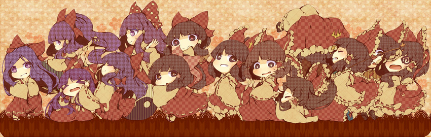 &gt;_&lt; 6+girls @_@ bad_id bad_pixiv_id black_eyes black_hair bloomers bow chibi closed_eyes detached_sleeves doromizu gohei grin hair_bow hair_tubes hakurei_reimu hakurei_reimu_(pc-98) hands_in_opposite_sleeves hands_on_own_face leaning_on_person long_hair looking_at_viewer lying multiple_girls multiple_persona on_stomach polka_dot polka_dot_background purple_eyes purple_hair seiza sitting smile too_many touhou touhou_(pc-98) underwear upside-down yin_yang