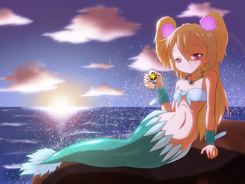 alcohol arm_support bandeau bangs beads beer bikini_top blonde_hair blush breasts can cloud drink fins flat_chest front-tie_top groin hair_between_eyes hair_ornament highres holding jewelry kumamaru lens_flare long_hair looking_at_viewer mermaid monster_girl muromi-san namiuchigiwa_no_muromi-san navel necklace ocean on_ground outdoors product_placement red_eyes rock sapporo scales seashell seductive_smile shadow shell shiny shiny_skin short_twintails sitting sky smile solo splashing star sun sunset tail twintails two_side_up underboob water wide_hips