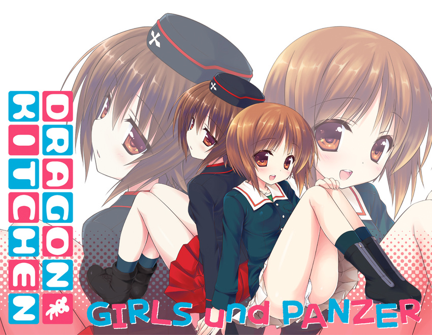:d back-to-back blush boots brown_hair girls_und_panzer hat holding_hands kanibasami military military_uniform multiple_girls nishizumi_maho nishizumi_miho ooarai_military_uniform open_mouth short_hair siblings sisters sitting smile socks uniform zoom_layer