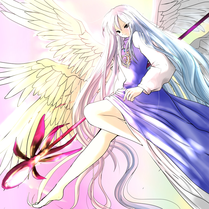 angel_wings barefoot black_eyes crest dress gradient gradient_background gradient_hair high_collar highres jewelry leg_up legs light_smile long_hair long_sleeves multicolored_hair multiple_wings necklace nyago sariel seraph solo staff touhou touhou_(pc-98) very_long_hair wings