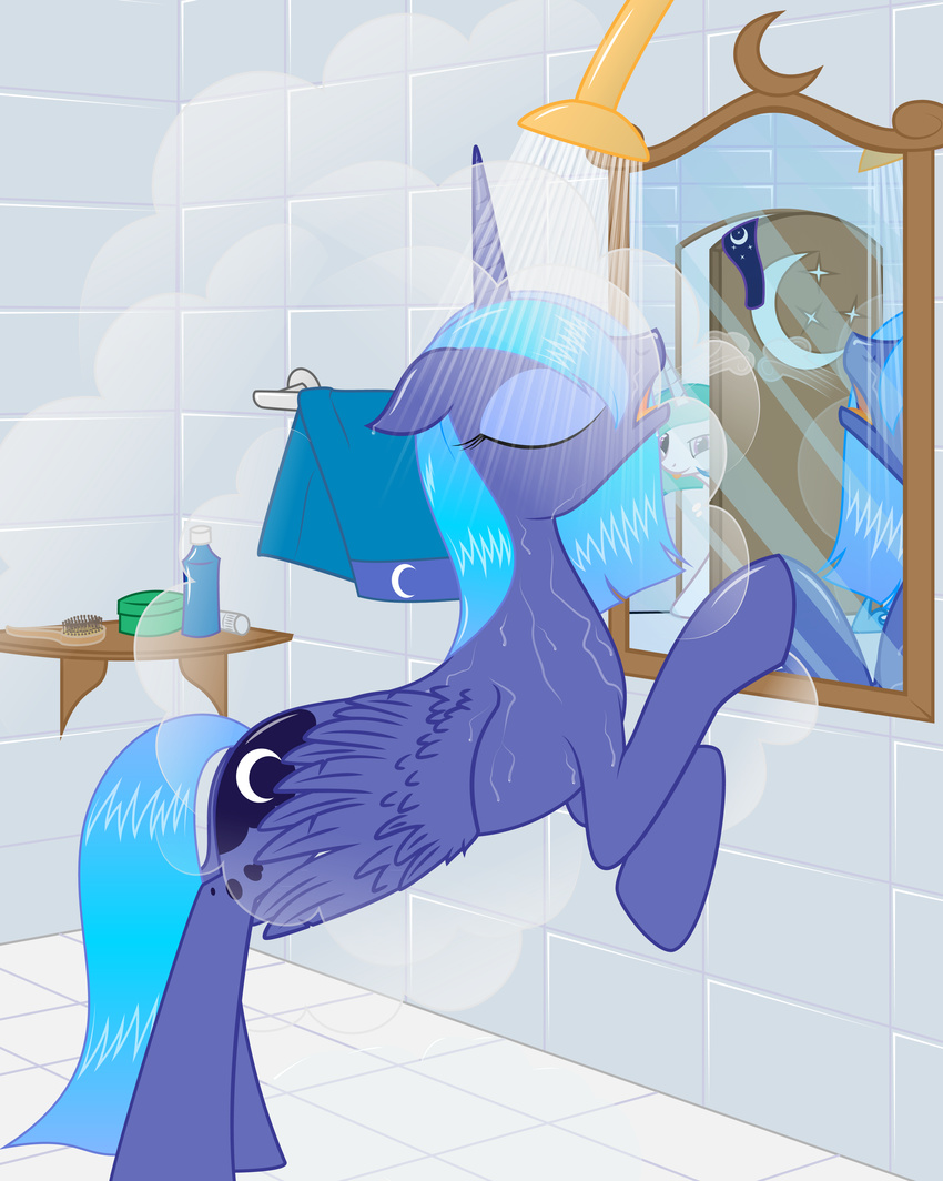 absurd_res blue_fur blue_hair cutie_mark duo equine eyes_closed eyeshadow female feral friendship_is_magic fur hair hair_blue hi_res horn horse makeup mammal mirror my_little_pony open_mouth pony princess_luna_(mlp) purple_eyes royalty shower tongue tongue_out unicorn winged_unicorn wings