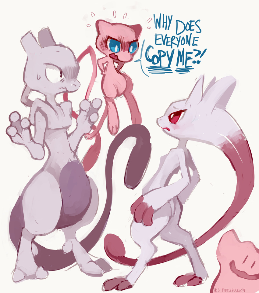 absurdres artist_name blue_eyes constricted_pupils dated ditto dual_persona english flying_sweatdrops gen_1_pokemon glitchedpuppet hands_on_hips highres legendary_pokemon mega_mewtwo_y mega_pokemon mew mewtwo no_humans pokemon pokemon_(creature) simple_background sweatdrop tail wavy_mouth white_background