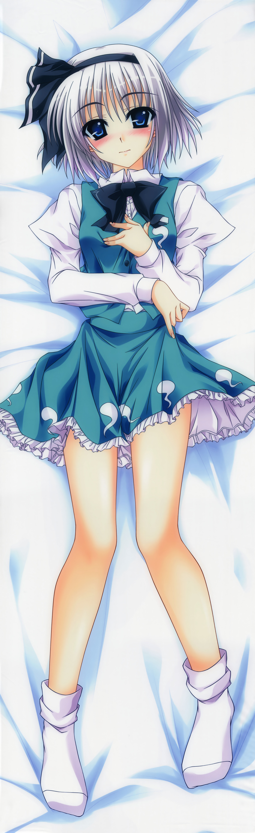 absurdres aoi_hiro blue_eyes dakimakura full_body grey_hair headband highres huge_filesize konpaku_youmu legs long_sleeves scan socks solo touhou