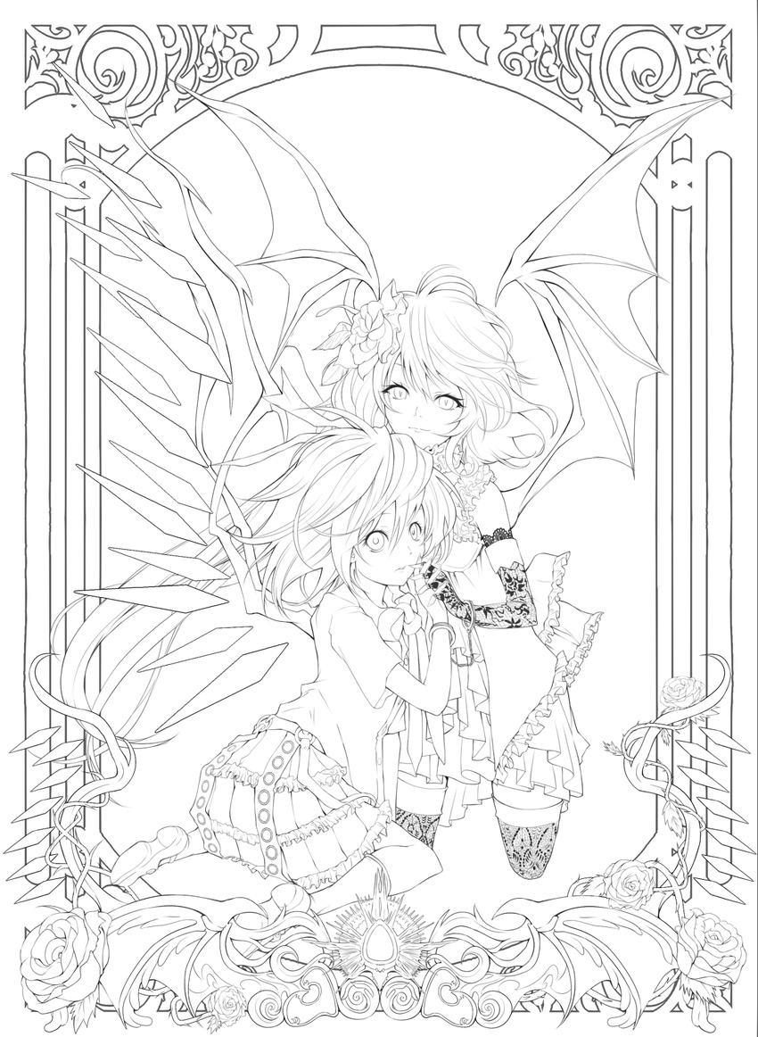 alternate_costume bat_wings dress flandre_scarlet flower greyscale hair_flower hair_ornament highres holding_hands i-la lineart long_hair looking_at_viewer monochrome multiple_girls remilia_scarlet sitting skirt smile thighhighs touhou wariza wings