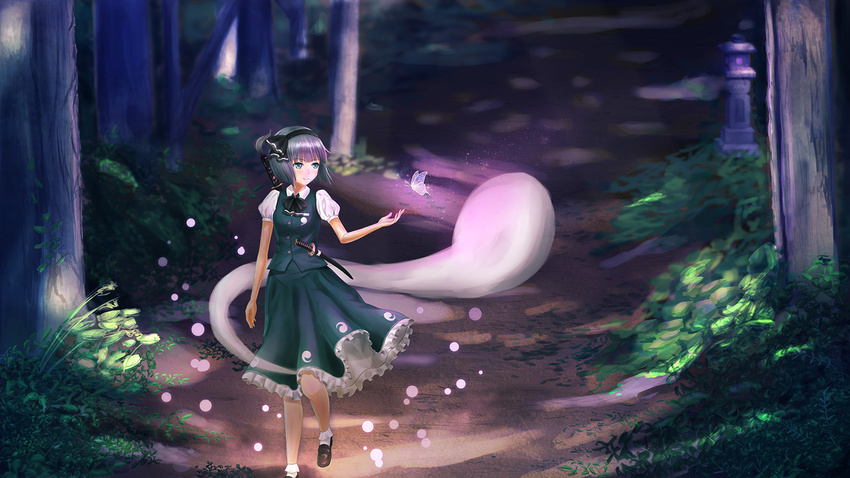 arm_up blurry bobby_socks bug butterfly depth_of_field forest from_above green_eyes hair_ribbon insect katana kodachi konpaku_youmu konpaku_youmu_(ghost) light_particles luco09 nature open_hand path puffy_short_sleeves puffy_sleeves ribbon road sheath sheathed short_hair short_sleeves short_sword silver_hair skirt skirt_set smile socks solo stone_lantern sword touhou walking weapon