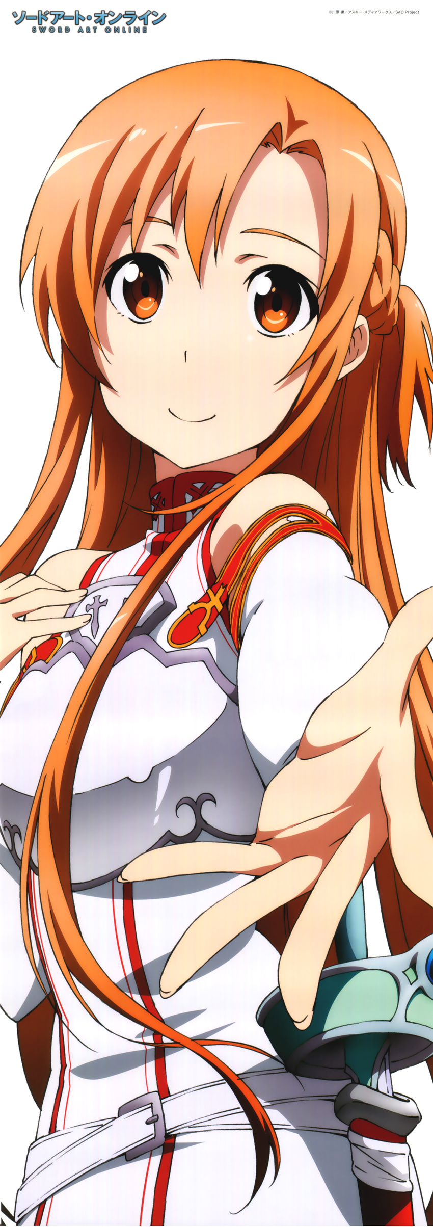 absurdres artist_request asuna_(sao) braid highres long_hair long_image orange_eyes orange_hair smile solo stick_poster sword sword_art_online tall_image weapon