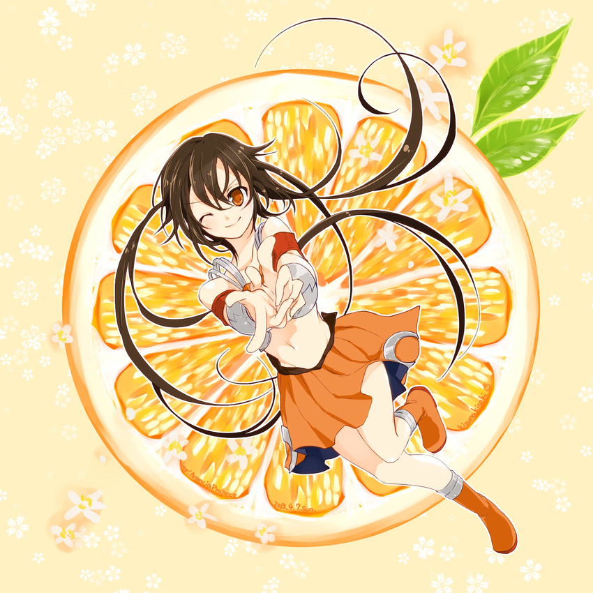 arancia boots brown_hair food fruit highres kizunakiseki long_hair looking_at_viewer midriff navel one_eye_closed orange orange_blossoms orange_eyes orange_skirt orange_slice original skirt smile solo twintails