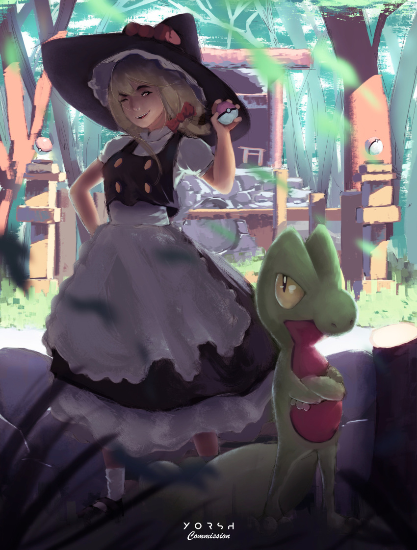 1girl black_dress black_hat blonde_hair creatures_(company) dress game_freak gen_3_pokemon hat highres kirisame_marisa nintendo pokeball pokemon touhou treecko yellow_eyes yorshcp