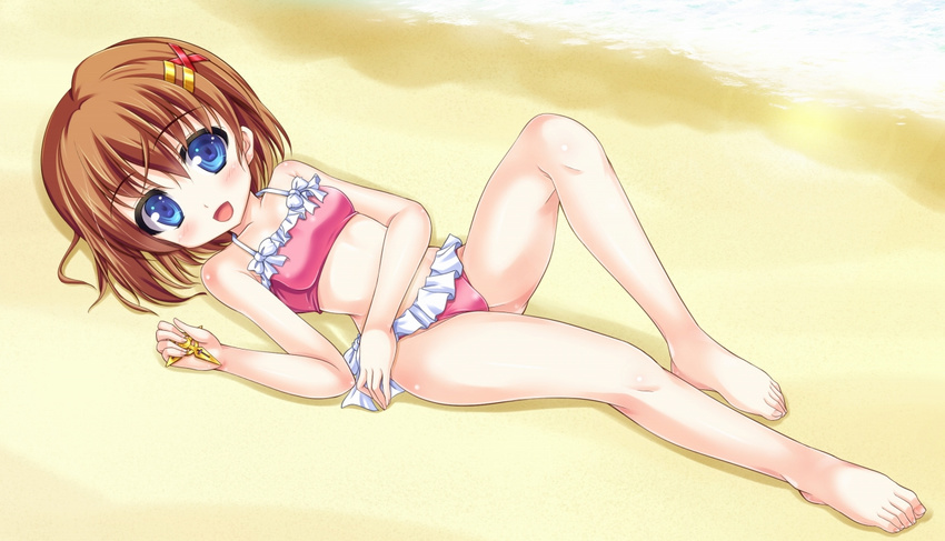 :d bare_shoulders barefoot beach bikini blue_eyes blush brown_hair feet frills hair_ornament holding lying lyrical_nanoha mahou_shoujo_lyrical_nanoha mahou_shoujo_lyrical_nanoha_a's murasaki_atsushi on_back open_mouth ribbon schwertkreuz short_hair smile solo swimsuit x_hair_ornament yagami_hayate