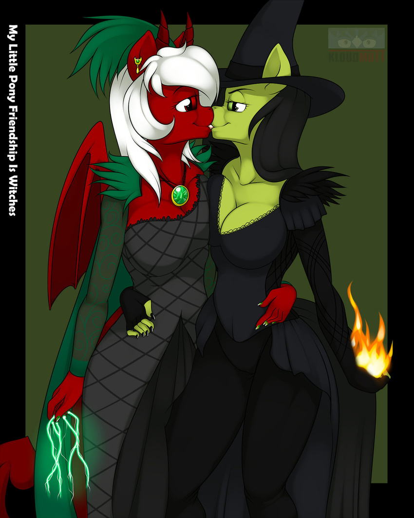 breasts chilly_pepper clothing dragon dresses duo ear_piercing equine female fire green_skin hair hat horn horse kissing kloudmutt lesbian lightening lightning long_hair magic magic_user mammal my_little_pony necklace nila nilapony oz_the-great_and-powerful piercing portraying smile tongue white_wig wings