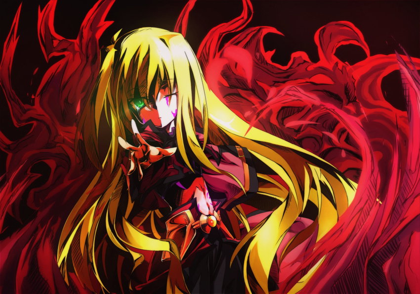 blonde_hair blood bygddd5 fire green_eyes highres long_hair long_sleeves lyrical_nanoha mahou_shoujo_lyrical_nanoha mahou_shoujo_lyrical_nanoha_a's mahou_shoujo_lyrical_nanoha_a's_portable:_the_gears_of_destiny midriff navel one_eye_closed outstretched_hand solo tears u-d very_long_hair wide_sleeves