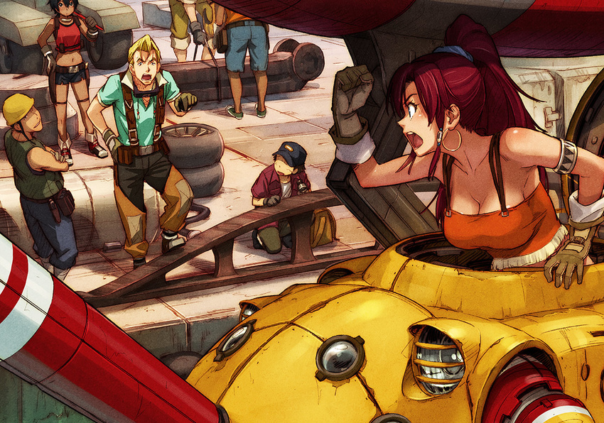 3boys 3girls :o angry arm_support armband armpits bare_shoulders baseball_cap bellows_(suisei_no_gargantia) belt_pouch black_hair blonde_hair blush boots breasts checkered cleavage clenched_hand crop_top crossed_arms earrings eye_contact faceless faceless_male gloves goggles goggles_around_neck grin hair_ornament hand_on_hip hat helmet holding hoop_earrings jewelry kneeling large_breasts leaning_forward long_hair looking_at_another mayta_(suisei_no_gargantia) mecha midriff multiple_boys multiple_girls naruko_hanaharu navel necklace official_art open_mouth over_shoulder pants pinion_(suisei_no_gargantia) pointing ponytail pouch raised_fist red_hair scrunchie shoes short_hair short_shorts shorts side_slit sidelocks smile sneakers strap suisei_no_gargantia suspenders tank_top thigh_strap tire