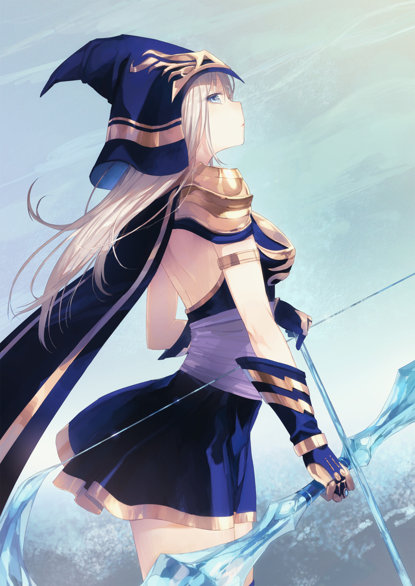 armlet ashe_(league_of_legends) back bad_id bad_pixiv_id blonde_hair blue_eyes bow_(weapon) breasts cape gloves highres hood league_of_legends long_hair looking_back medium_breasts noco_(adamas) skirt solo thighhighs thighs weapon