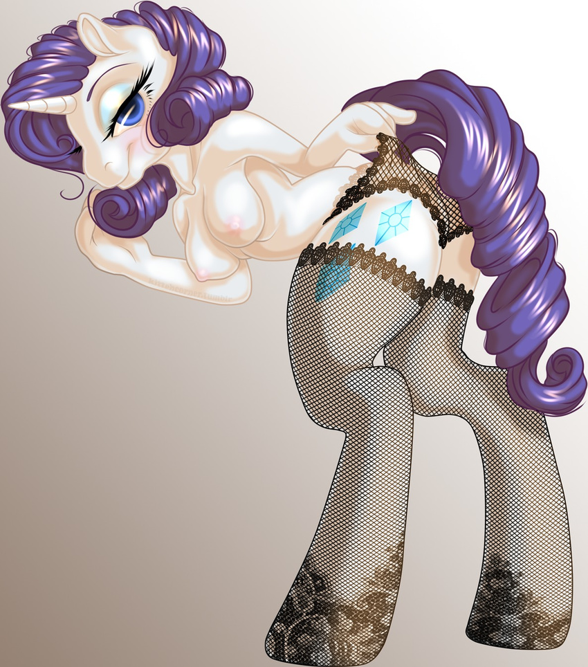 anthro anthrofied blue_eyes blush breasts clothing cutie_mark equine female fishnet friendship_is_magic gradient_background horn horse invalid_color kittehkatbar lace laces legwear looking_at_viewer mammal my_little_pony panties plain_background pony rarity_(mlp) ringlets solo stockings topless underwear unicorn