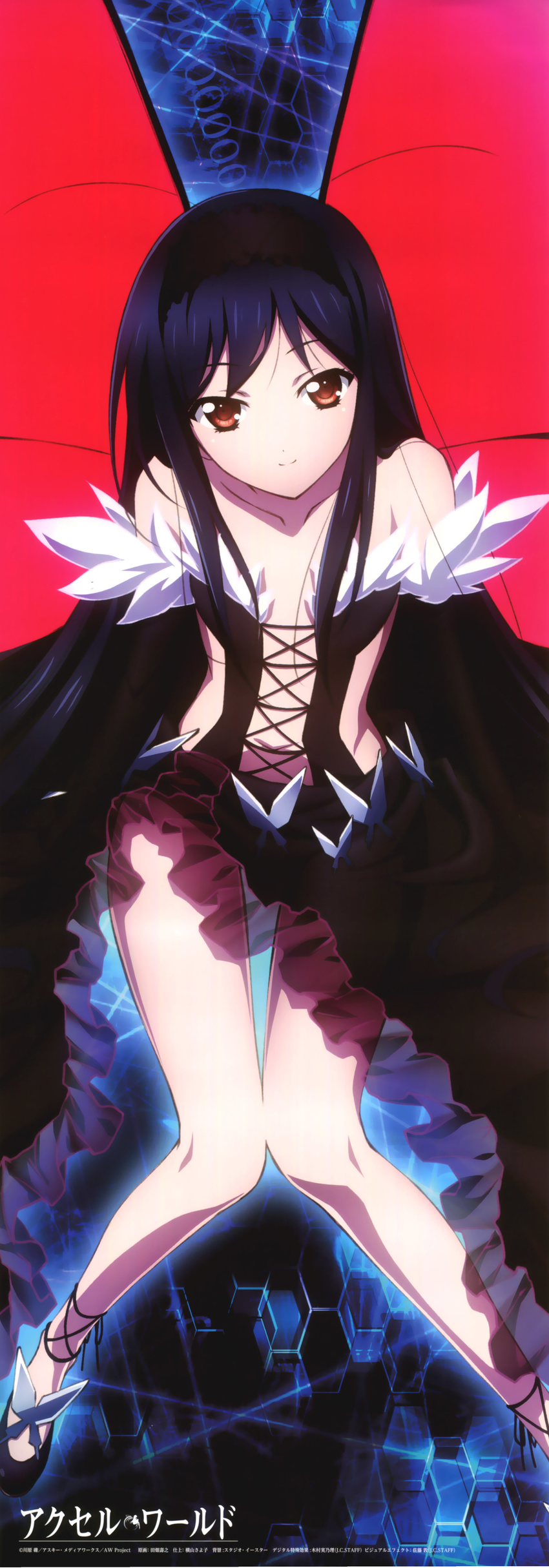 absurdres accel_world blue_hair breasts bug butterfly cleavage dress headdress highres insect kuroyukihime long_hair long_image long_legs official_art red_eyes small_breasts smile solo stick_poster tabata_hisayuki tall_image