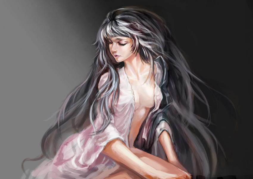 bad_id bad_pixiv_id breasts closed_eyes grey_hair large_breasts lips long_hair multicolored_hair original simple_background sitting solo very_long_hair white_hair yoshifumi