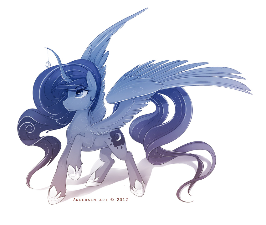 antiander blue_eyes blue_feathers blue_fur blue_hair cutie_mark equine feathers female feral friendship_is_magic fur glittering_hair hair hi_res hooves horn horse long_hair looking_up mammal my_little_pony plain_background pony princess princess_luna_(mlp) royalty shadow smile solo standing white_background winged_unicorn wings