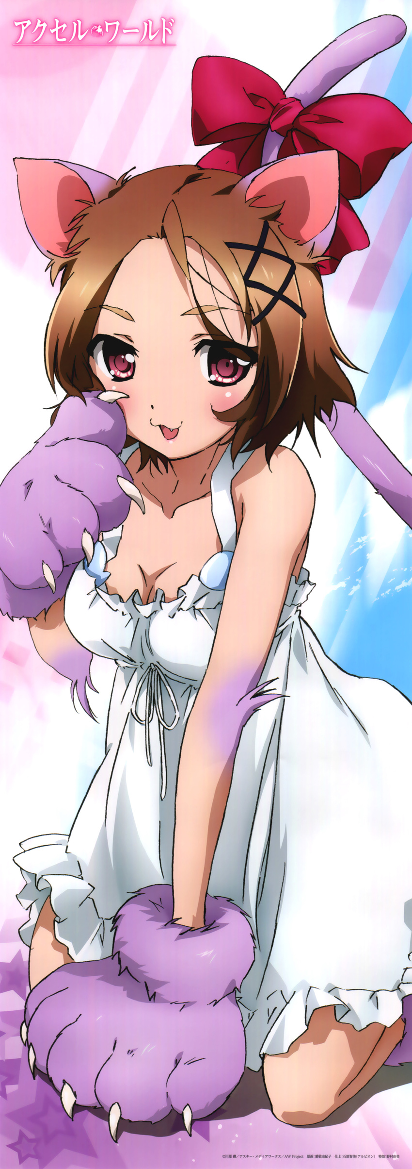 :3 absurdres accel_world aikei_yukiko animal_ears breasts brown_hair cat_ears cat_paws cleavage dress fang gloves hair_ornament hairpin happy highres kurashima_chiyuri long_image medium_breasts paws red_eyes ribbon solo stick_poster tail tall_image white_dress