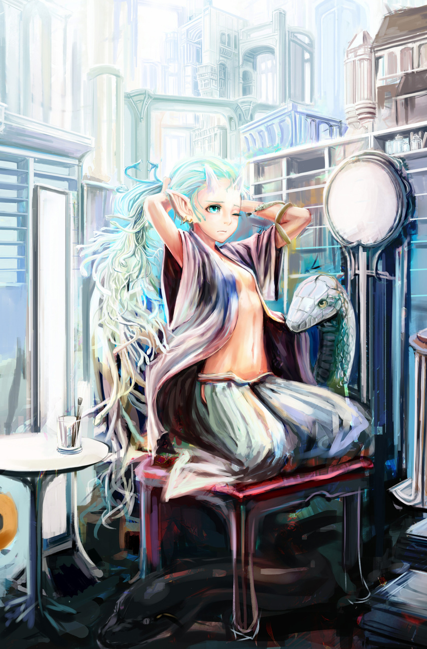 bad_id bad_pixiv_id blue_eyes blue_hair breasts building cityscape earrings highres horn jewelry long_hair mirror original ponytail sitting small_breasts snake yoshifumi