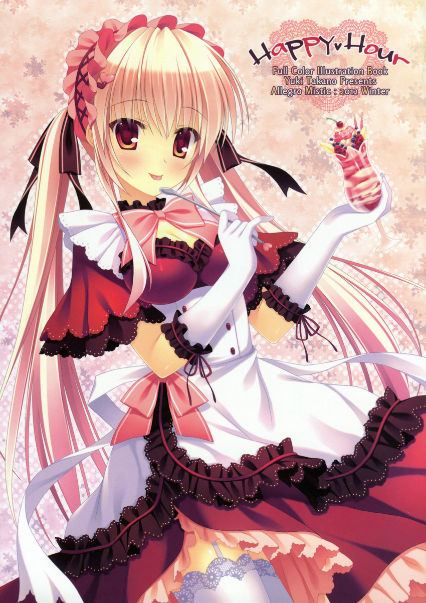:p absurdres blonde_hair blush breasts buckle cleavage copyright_request dress food garter_straps gloves hairband highres holding holding_food lolita_hairband looking_at_viewer maid medium_breasts parfait red_eyes smile solo standing sweets takano_yuki_(allegro_mistic) tareme thighhighs tongue tongue_out white_gloves white_legwear zettai_ryouiki