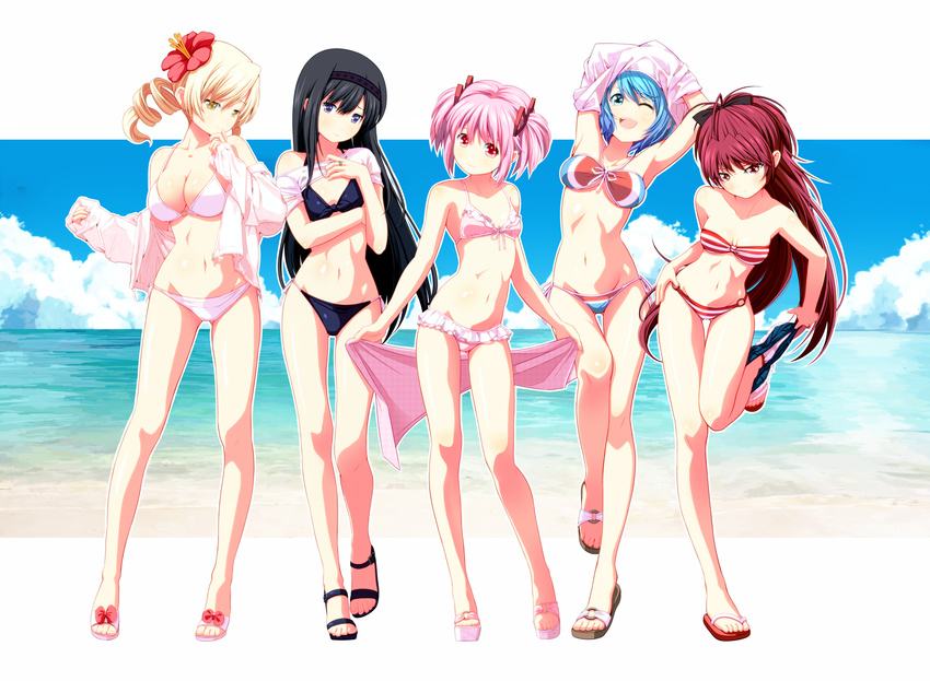 ahoge akemi_homura armpits bandeau bare_legs bare_shoulders beach bikini black_bikini black_hair blonde_hair blue_eyes blue_hair blush bow breasts cleavage cloud contrapposto day drill_hair feet flower frilled_bikini frills front-tie_top groin hair_bow hair_flower hair_ornament hairband hand_on_hip hibiscus high_heels highres jewelry kaname_madoka large_breasts legs lifted_by_self light_smile lineup long_hair looking_at_viewer mahou_shoujo_madoka_magica medium_breasts miki_sayaka multiple_girls navel o-ring o-ring_bottom o-ring_top off_shoulder one_eye_closed open_mouth outline pink_hair pink_sarong pose print_sarong pulled_by_self red_eyes red_hair ring sakura_kyouko sandals sarong sarong_removed shirt_lift shoes short_hair shorts shorts_pull side-tie_bikini sky small_breasts smile standing strappy_heels striped striped_bikini striped_swimsuit swimsuit thigh_gap tomoe_mami tsukumo twintails undressing very_long_hair water white_bikini white_outline yellow_eyes