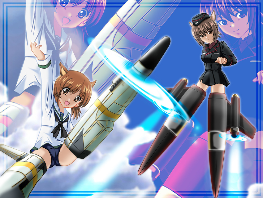 animal_ears blackjunk brown_eyes brown_hair crossover girls_und_panzer highres military military_uniform multiple_girls nishizumi_maho nishizumi_miho open_mouth school_uniform short_hair siblings sisters smile strike_witches striker_unit they're_not_panties uniform world_witches_series