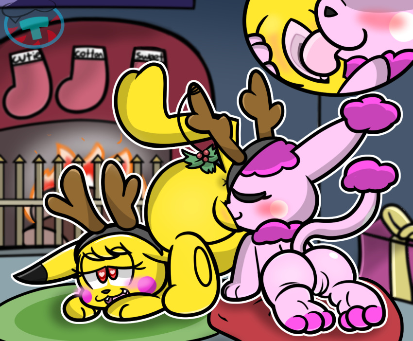 antlers anus big_butt blush butt christmas cleft_tail cottonchu cunnilingus cutiechu duo fan_character female female/female feral fur happy happy_sex holidays horn mintytempest nintendo open_mouth oral pikachu pok&eacute;mon pok&eacute;mon_(species) pussy sex smile spread_legs spreading thick_thighs tongue tongue_out vaginal video_games wide_hips yellow_fur