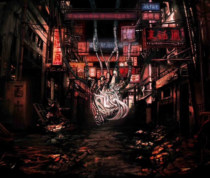album_cover building cable city cover cyberpunk dark highres no_pants original ruins scenery sign toi_(number8) vocaloid