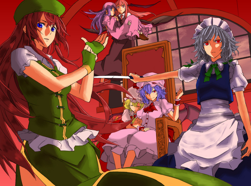 adjusting_clothes adjusting_gloves apron arm_grab arm_rest bad_id bad_pixiv_id bat_wings blonde_hair blue_eyes blue_hair bow braid carrying ceiling derivative_work fingerless_gloves flandre_scarlet flying frown gloves hair_bow hat head_wings highres himeco hong_meiling izayoi_sakuya knife koakuma light_smile long_hair looking_at_viewer maid_headdress mob_cap multiple_girls necktie outstretched_arm parted_lips patchouli_knowledge princess_carry puffy_short_sleeves puffy_sleeves purple_hair purple_sky red_eyes red_hair remilia_scarlet short_hair short_sleeves silver_hair skirt skirt_set sleeping throne toromera touhou twin_braids vest waist_apron window wings wrist_cuffs