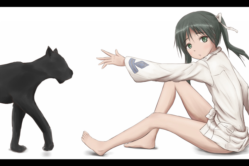 barefoot black_panther francesca_lucchini fuu_maumau green_eyes green_hair letterboxed looking_at_viewer panther reaching sitting strike_witches toes world_witches_series