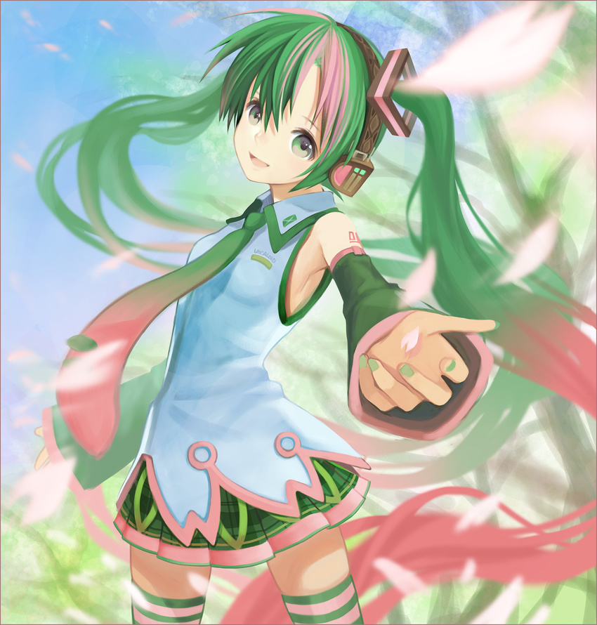 detached_sleeves green_eyes green_hair hatsune_miku headphones highres kari_kenji long_hair multicolored_hair nail_polish necktie open_mouth outstretched_arm petals pink_hair skirt solo striped striped_legwear thighhighs twintails very_long_hair vocaloid