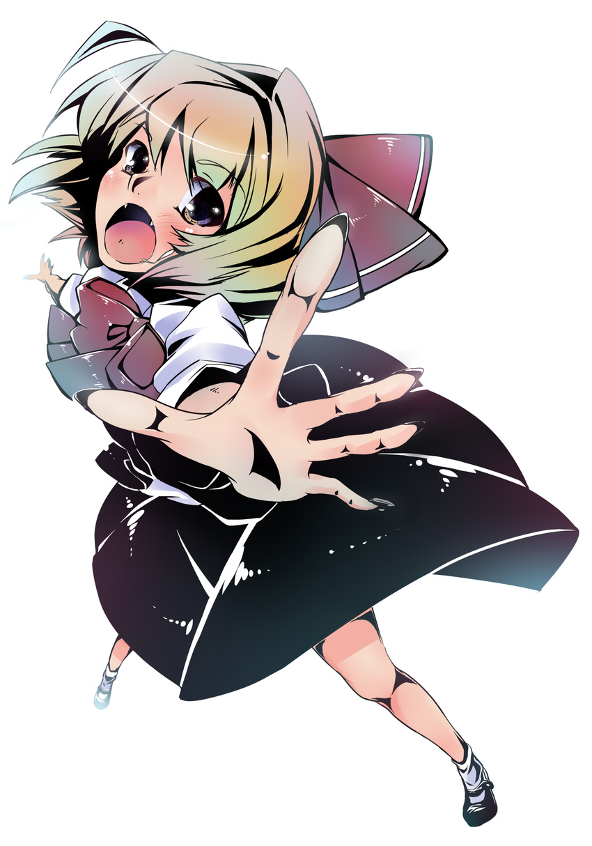 blonde_hair hair_ribbon highres kuru2pantu open_mouth outstretched_hand purple_eyes ribbon rumia short_hair solo touhou