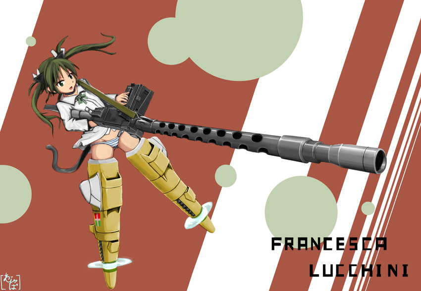 ajapar browning_m1919 character_name drum_magazine francesca_lucchini green_eyes green_hair groin gun highres machine_gun open_mouth panties solo strike_witches striker_unit striped striped_panties underwear weapon world_witches_series
