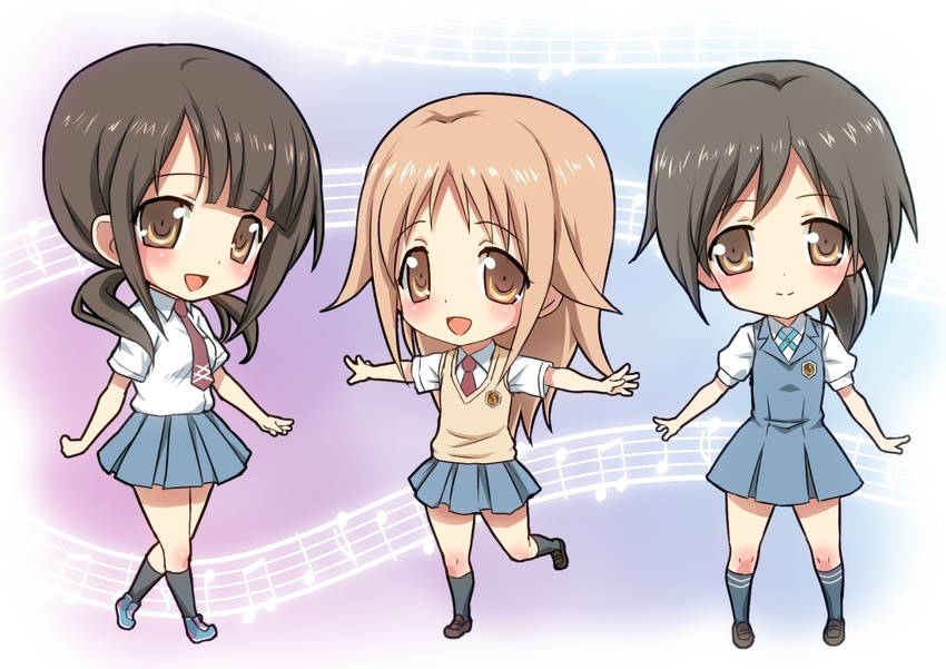 black_hair blush brown_hair legs long_hair looking_at_viewer miyamoto_konatsu multiple_girls musical_note necktie okita_sawa open_mouth orange_eyes rokko sakai_wakana school_uniform short_hair skirt smile socks sweater_vest tari_tari