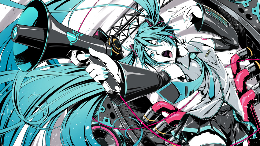 aqua_eyes aqua_hair black_legwear detached_sleeves fingernails hatsune_miku highres koi_wa_sensou_(vocaloid) long_hair m2_(speedyage) megaphone nail_polish necktie open_mouth pleated_skirt revision skirt solo speaker thighhighs twintails very_long_hair vocaloid zettai_ryouiki