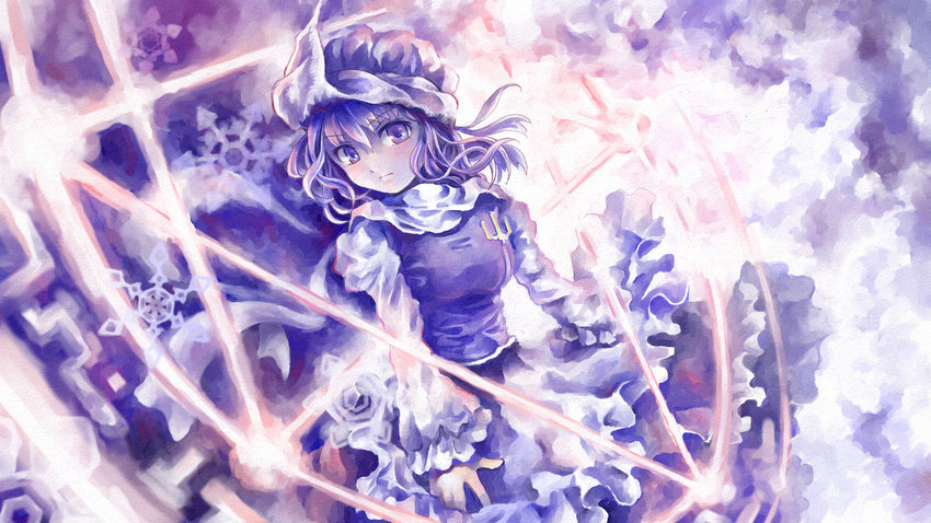 apron bad_id bad_pixiv_id breasts brooch cloud dutch_angle frills hat hexagram high_collar jewelry juliet_sleeves letty_whiterock long_sleeves looking_at_viewer magic_circle medium_breasts nagayo puffy_sleeves purple_background purple_eyes purple_hair short_hair snowflakes solo touhou waist_apron wide_sleeves