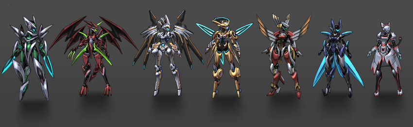 bad_id bad_pixiv_id blade dual_wielding full_body grey_background helmet highres holding machinery mecha no_humans observerz original simple_background standing wings