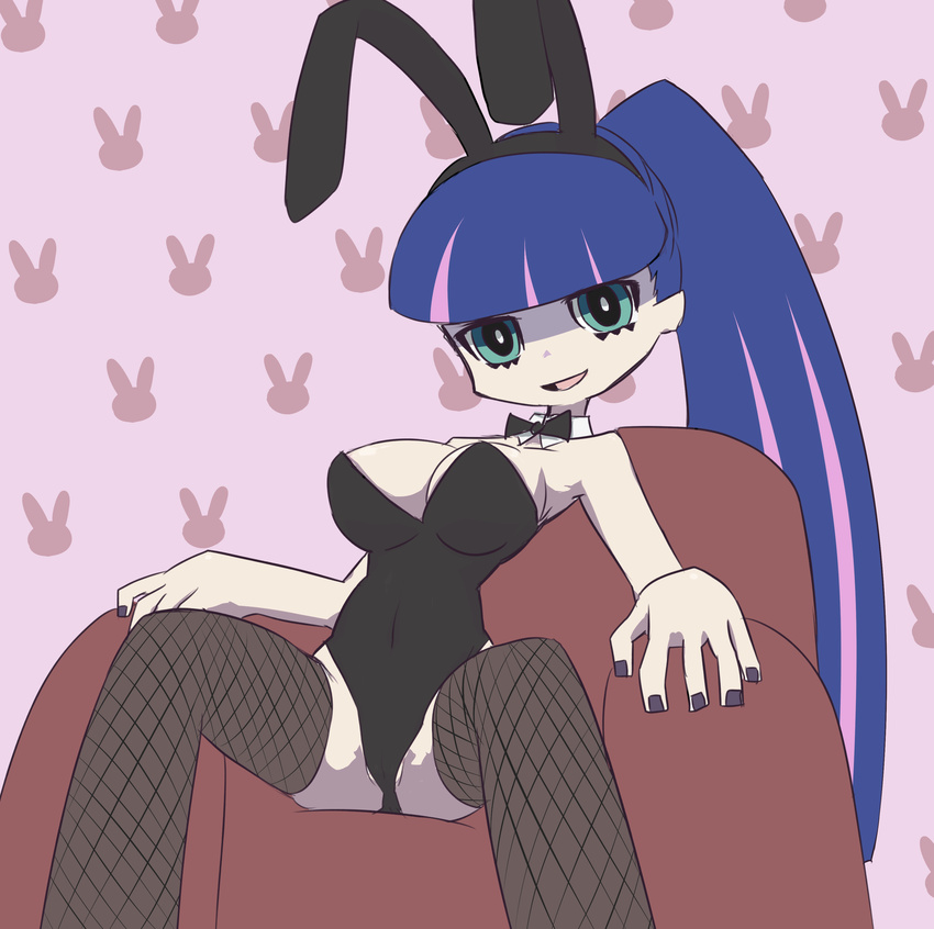 absurdres alternate_hairstyle animal_ears bare_shoulders black_nails blue_eyes blue_hair bow bowtie breasts bunny_ears bunnysuit detached_collar fishnets highres jadf large_breasts long_hair multicolored_hair nail_polish no_panties panty_&amp;_stocking_with_garterbelt ponytail purple_hair sitting solo spread_legs stocking_(psg) thighhighs two-tone_hair very_long_hair