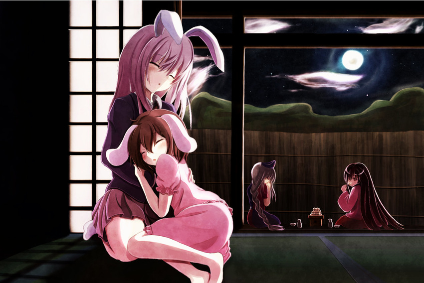 :o animal_ears arm_grab black_hair blouse braid brown_hair bunny_ears choko_(cup) cloud covering_mouth cup doorway eating fence food full_moon hand_on_back hat houraisan_kaguya inaba_tewi jacket leaning_on_person long_hair long_sleeves looking_at_another mochi moon multiple_girls night night_sky purple_hair reisen_udongein_inaba seiza short_sleeves silver_hair single_braid sitting skirt sky sleeping tatami tokkuri touhou veranda very_long_hair wagashi wooden_fence yagokoro_eirin yankee41