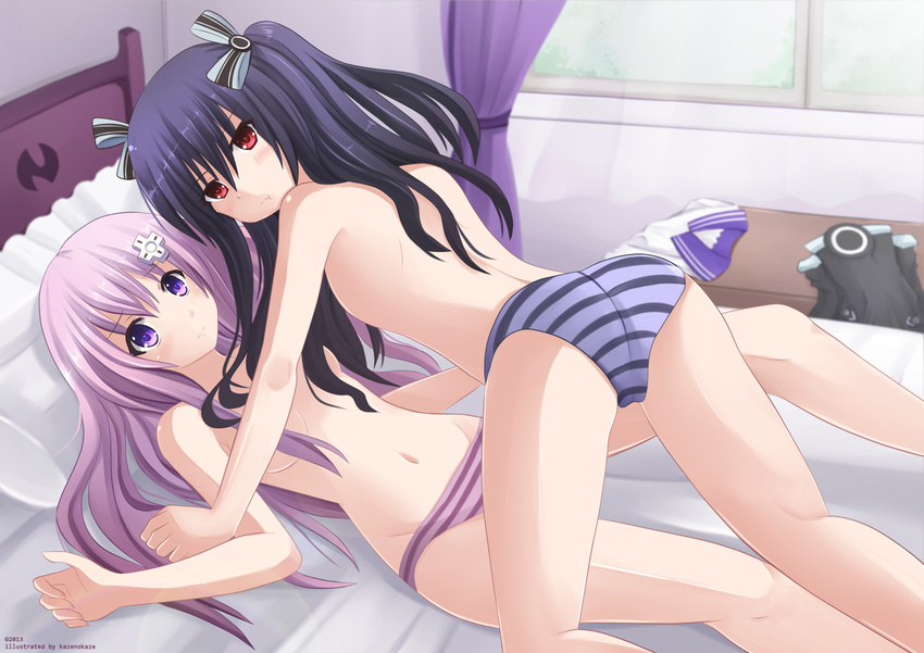 :t all_fours artist_name ass bed bed_sheet black_hair blue_panties blurry blush breasts choujigen_game_neptune_mk2 clothes_removed curtains dated depth_of_field from_behind girl_on_top groin highres indoors kazenokaze legs looking_at_viewer lying medium_breasts multiple_girls navel nepgear neptune_(series) on_back on_bed panties pillow pink_hair pout purple_eyes purple_panties red_eyes shirt_removed striped striped_panties topless underwear underwear_only uni_(choujigen_game_neptune) window yuri