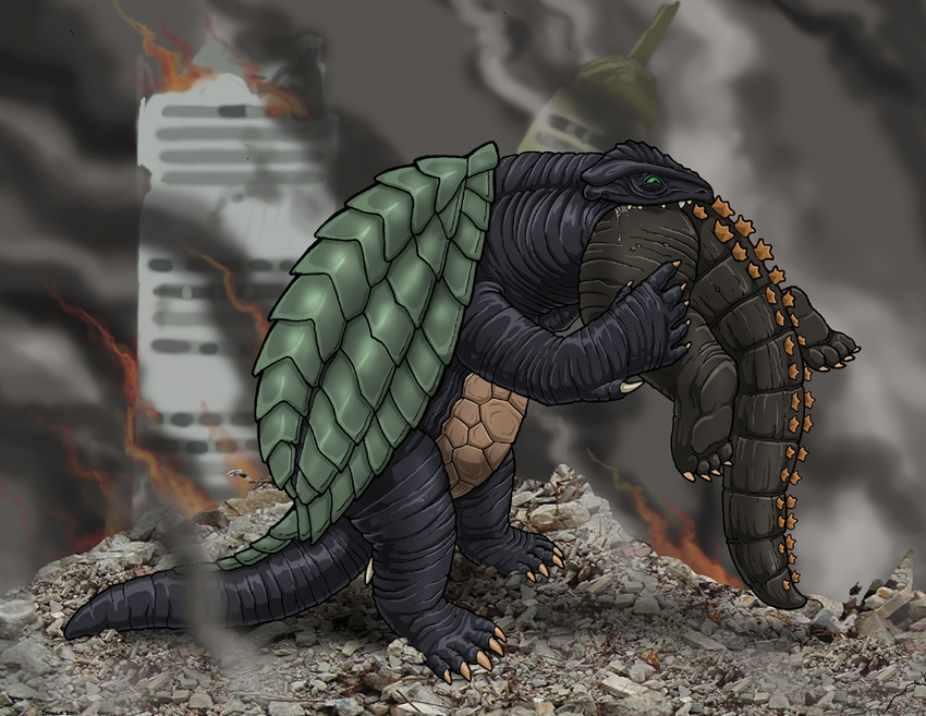 destruction eating fire gamera_(character) gamera_(series) godzilla godzilla_(series) greedywoozle green_eyes hindpaw kaiju paws reptile rock rubble saliva scalie shell skyscraper smoke spines strega teeth turtle vorarephilia vore