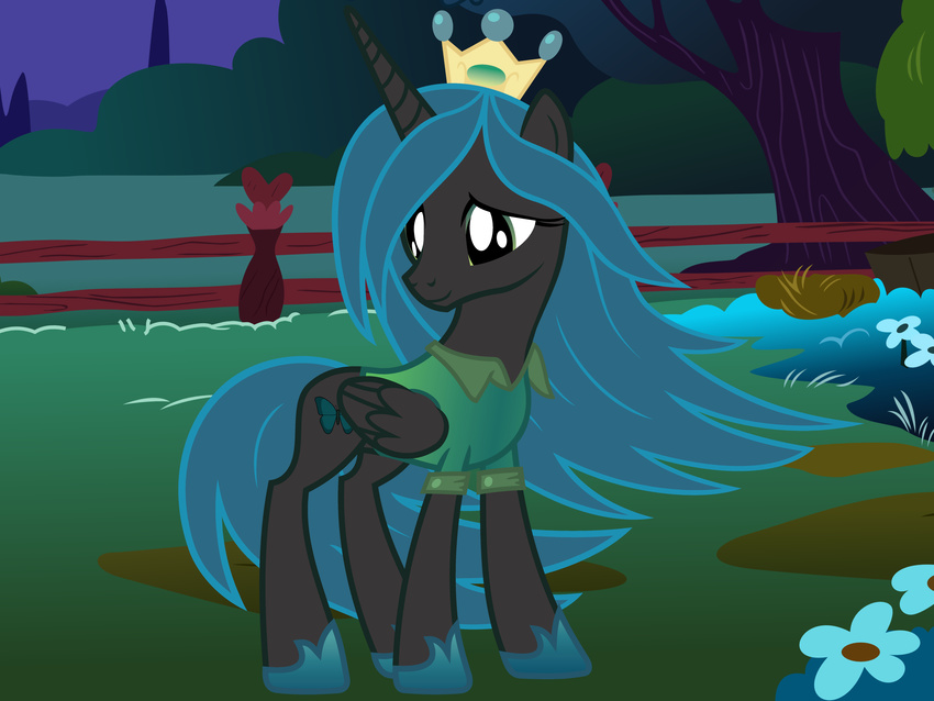 beavernator bush clothing crown cutie_mark equine female feral flower friendship_is_magic green_eyes green_hair hair hi_res horn horse mammal my_little_pony night outside ponification pony queen_chrysalis_(mlp) shirt smile solo tree winged_unicorn wings