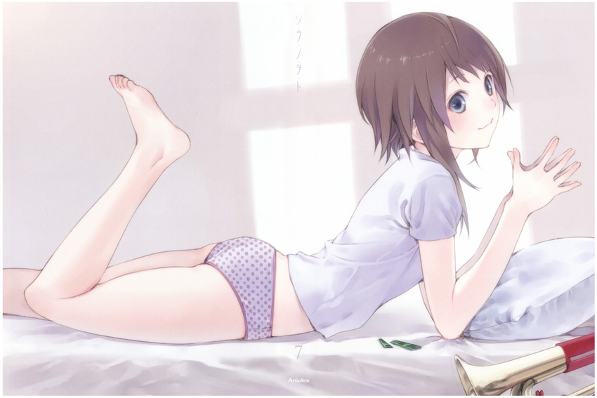 ass bare_legs barefoot blue_eyes brown_hair bugle feet hands_together instrument kishida_mel leg_up lying official_art on_stomach panties pillow polka_dot polka_dot_panties short_hair solo sora_no_woto sorami_kanata trumpet underwear